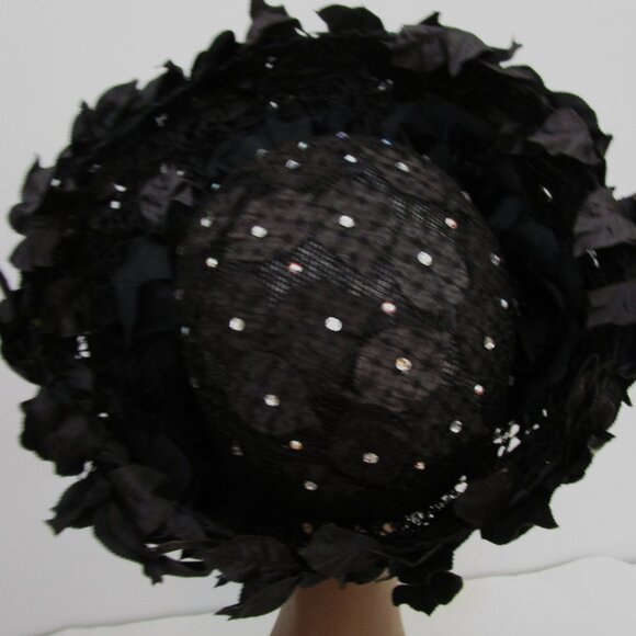 Tall Breton Hat Vintage Black Parasisal Straw Silk Leaves Church - Picture 5 of 10